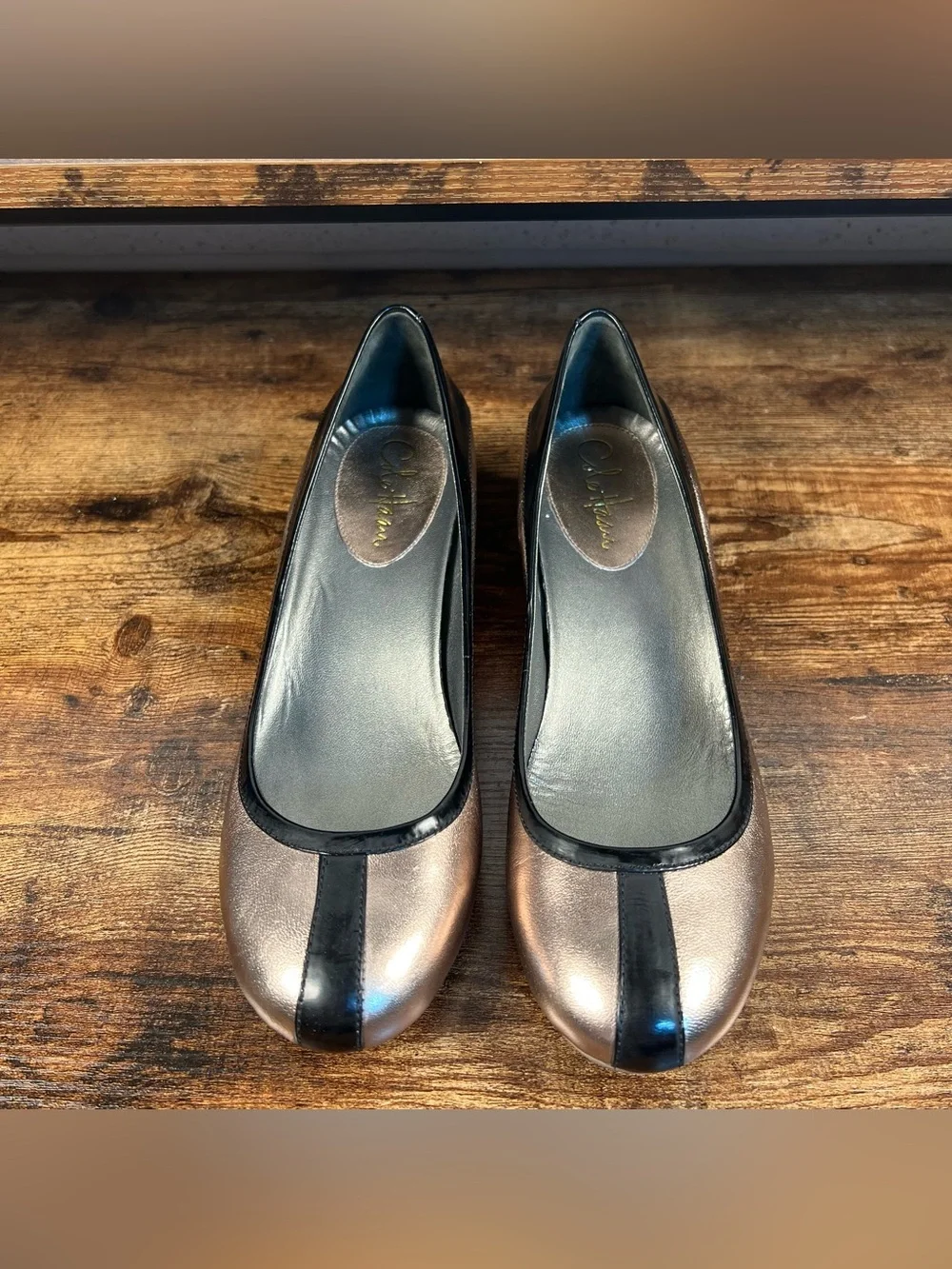 Cole Haan Slip On Shoes Wedge Heel Nike Air Black & Metallic Women's 8.5